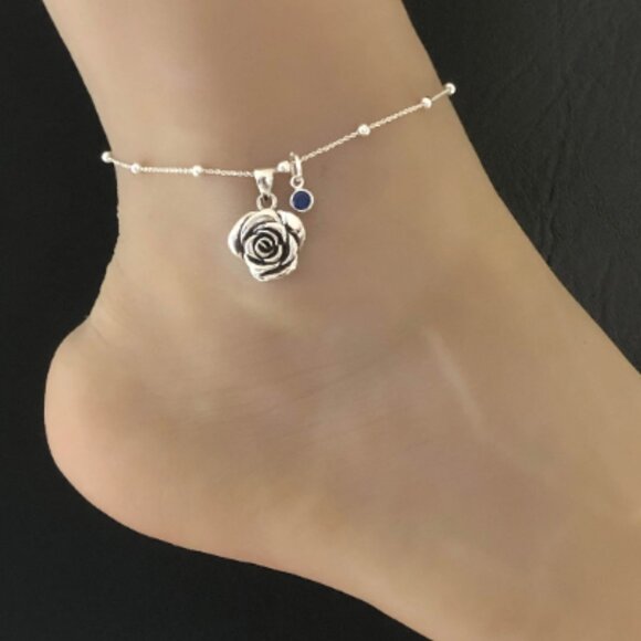 Rose Anklet, Sterling Silver Beaded Ankle Bracelet, Birthstone Ankle Chain - Picture 8 of 16